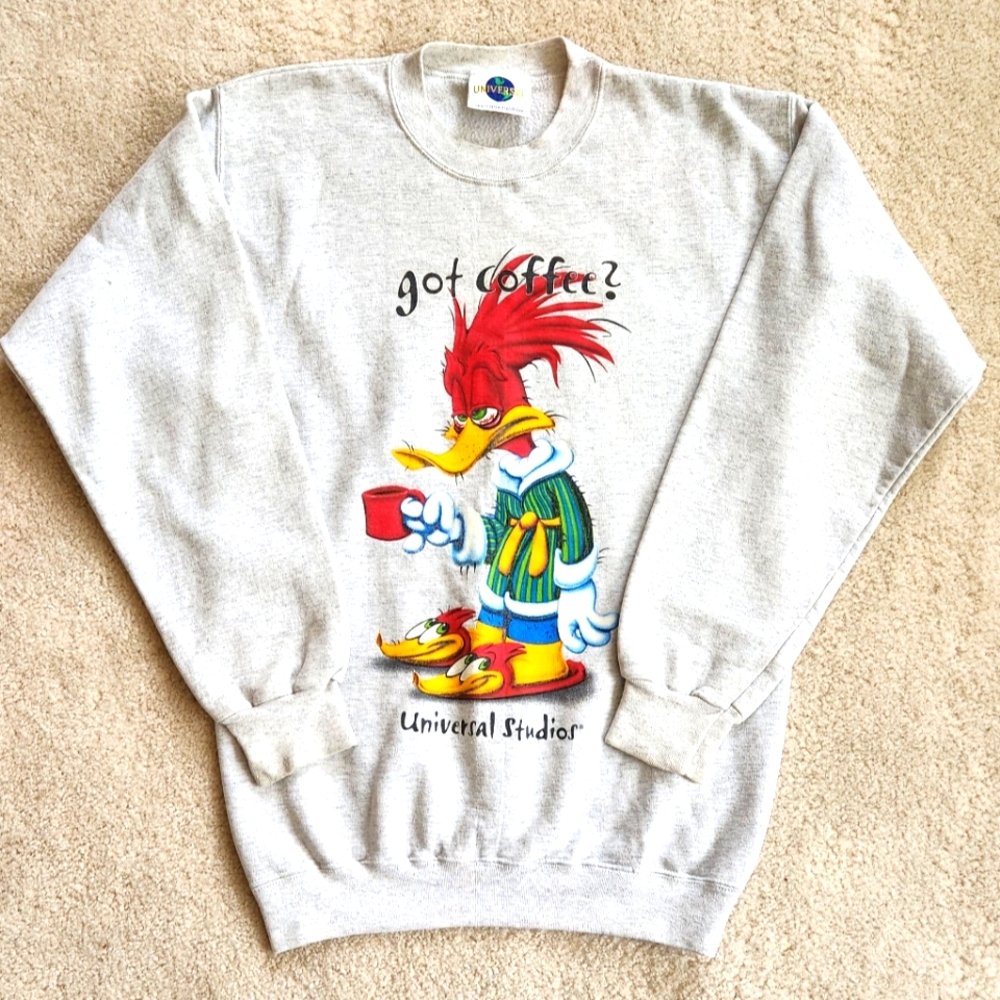 90’s vtg Universal Studios RARE woody wood pecker "got coffee?" Sweatshirt S